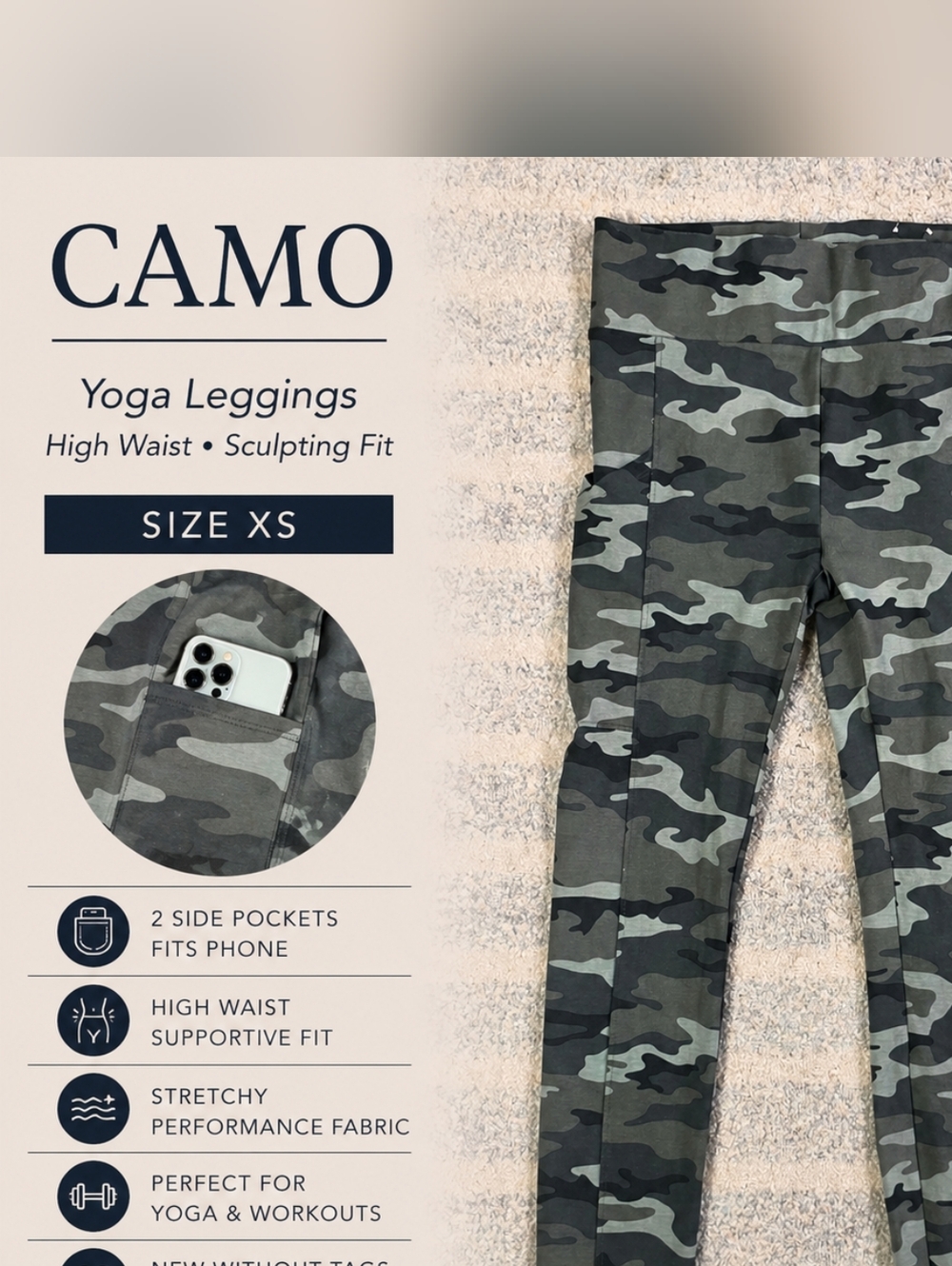 Camo Yoga Pants XS High Waist Green Gray Leggings Phone Pockets NWOT